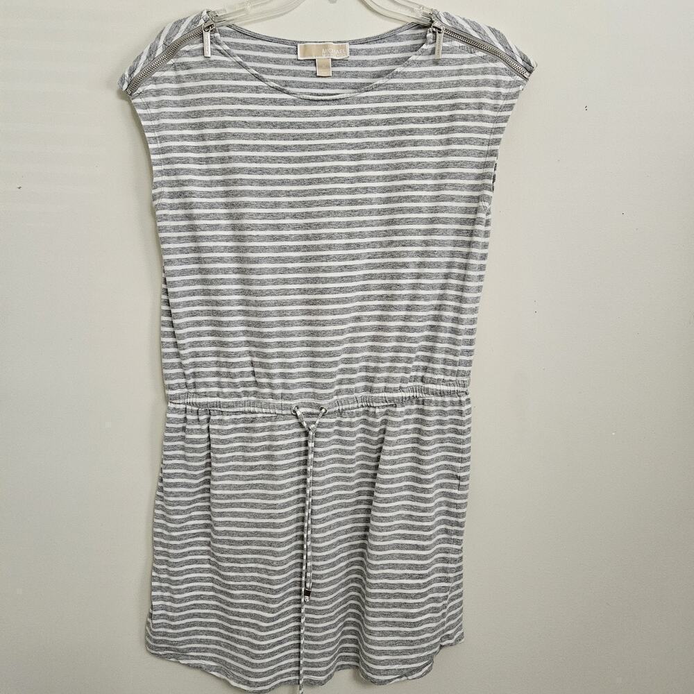 Michael Kors Mini Length Dress Gray & White striped womens M Drawstring Waist